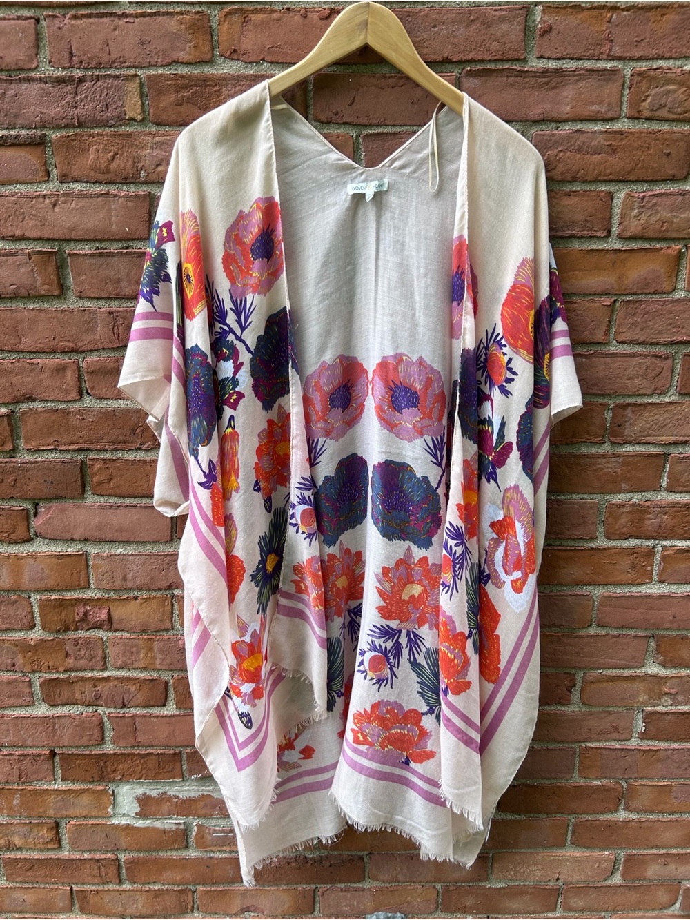 Woven Heart Beige Kimono Tunic with Orange & Purple Floral Print